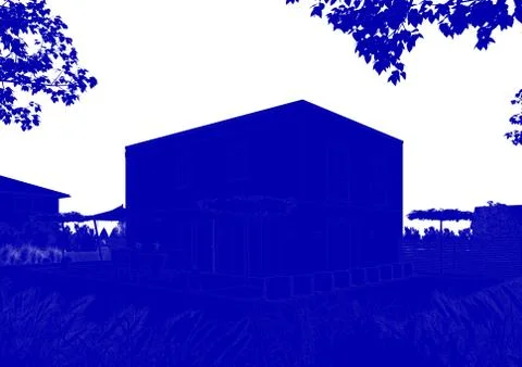 3d rendering of a blue house design blueprint Ilustración de archivo