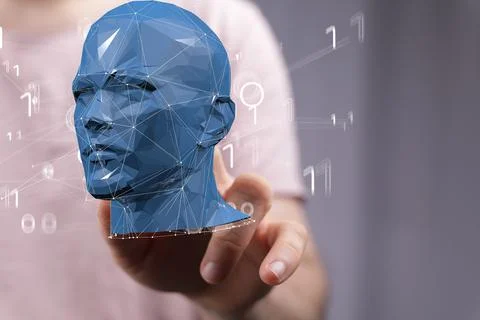 A 3D rendering of a blue human head with numbers around it and a woman in the 스톡 사진