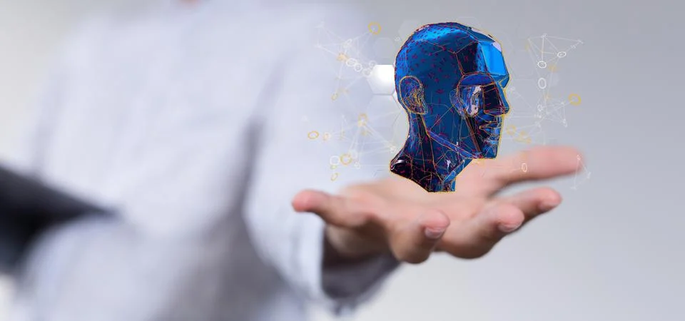 A 3d rendering of a blue Human head with network plexus structure in a male h Stock Photos