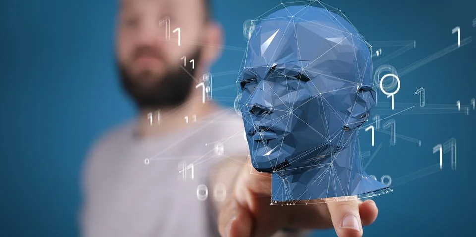 3d rendering of a blue human head with network plexus structure and data connect 스톡 사진