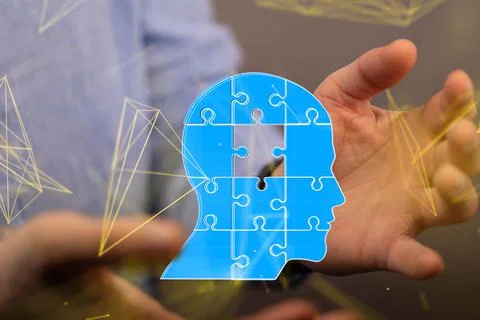 3D rendering of a blue human head thought mind interface, digital medical futuri 스톡 사진