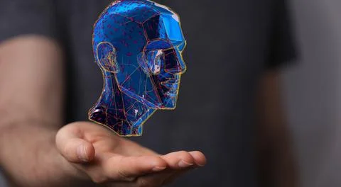 3d rendering of blue human head floating in the air above a hand in artificial i 스톡 사진