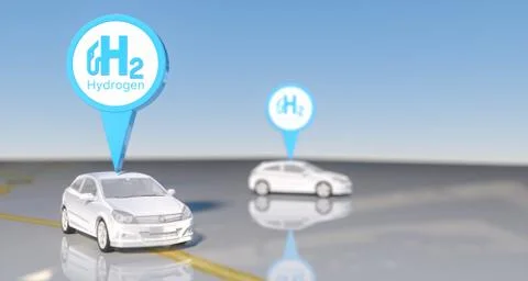 3d rendering of a blue hydrogen filling gas station pointer icon on automobil Stock Illustration