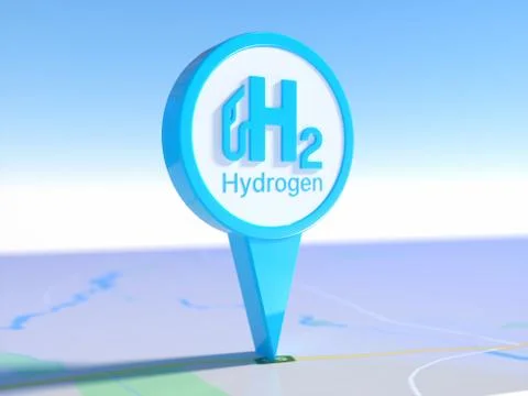 3d rendering of a blue hydrogen filling gas station pointer icon on a map Stock Illustration