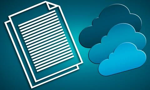 A 3d rendering of blue internet cloud icon and white line text document - con イラスト素材