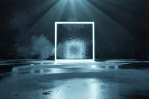 3d rendering of blue lighten square shape with light beam and grunge wall ... 写真素材