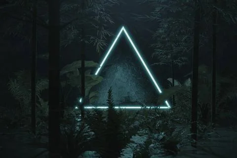 3d rendering of blue lighten triangle shape surrounded by jungle trees 3d ... 写真素材