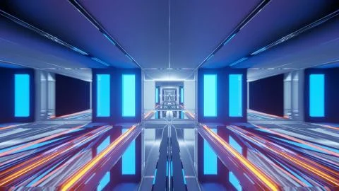 A 3D rendering of blue lights shaping rectangles and a cube in the center - f Illustrazione stock