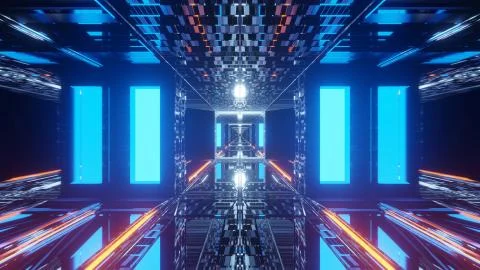 A 3D rendering of blue lights shaping rectangles and a cube in the center - f イラスト素材