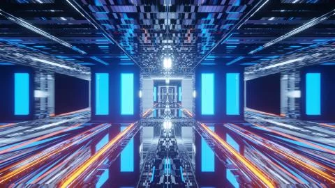 A 3D rendering of blue lights shaping rectangles and a cube in the center - f イラスト素材