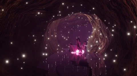 3D Rendering. Blue mystical cave with the magic of sparkling crystals, stimul Stock Illustration