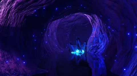 3D Rendering. Blue mystical cave with the magic of sparkling crystals, stimul Stock Illustration