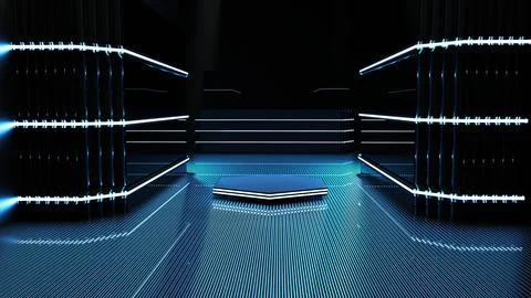 3D rendering A blue neon tunnel hall in an empty abstract Stock Photos