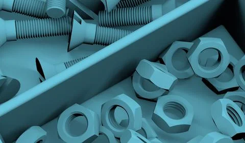 3D rendering of blue nuts and bolts Stock Illustration