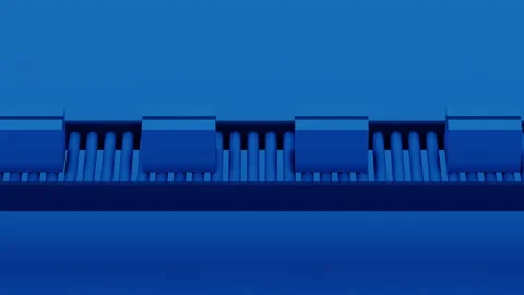 3D Rendering of Blue Packages Moving on Conveyor Belt - Front View Loop Stock Footage 340514046