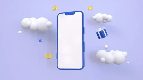 3d rendering of a blue phone surrounded by clouds, a gift, a coin and various Stock Illustration