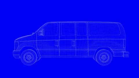 3d rendering of a blue print car in white lines on a blue background Illustrazione stock
