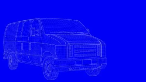 3d rendering of a blue print car in white lines on a blue background Illustrazione stock