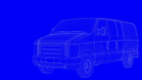 3d rendering of a blue print car in white lines on a blue background Illustrazione stock