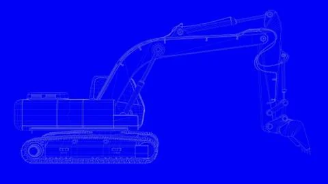 3d rendering of a blue print digger in white lines on a blue background Illustrazione stock
