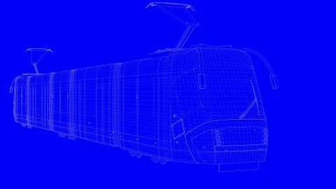 3d rendering of a blue print train in white lines on a blue background Illustrazione stock