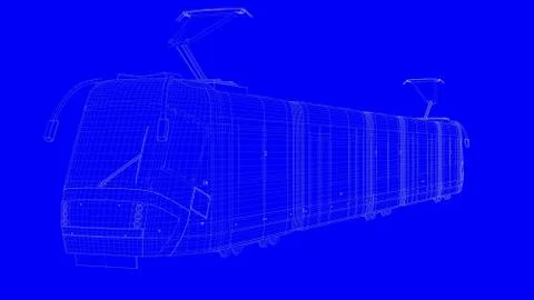 3d rendering of a blue print train in white lines on a blue background Illustrazione stock