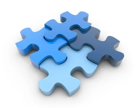 3D rendering of blue puzzle pieces isolated on a white background Illustrazione stock