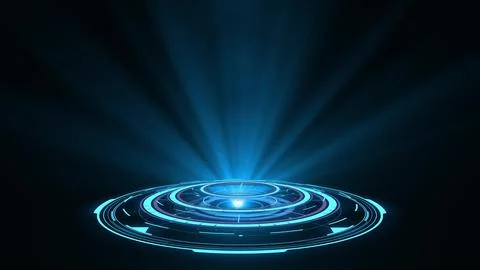 3D rendering blue round hologram emitting rays of light. Futuristic Sci-fi Illustrazione stock