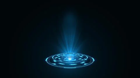 3D rendering blue round hologram emitting rays of light. Futuristic Sci-fi Stock Illustration