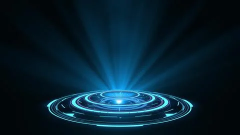 3D rendering blue round hologram emitting rays of light. Futuristic Sci-fi Illustrazione stock