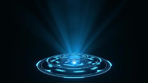 3D rendering blue round hologram emitting rays of light. Futuristic Sci-fi Stock-Illustration