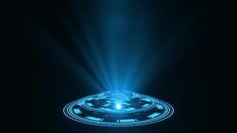 3D rendering blue round hologram emitting rays of light. Futuristic Sci-fi Stock Illustration