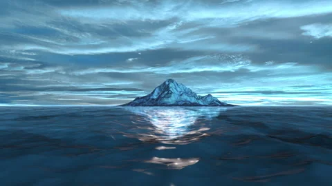 3D rendering of a blue sea and a glowing blue hill with reflection on the water Stock Footage 241250385