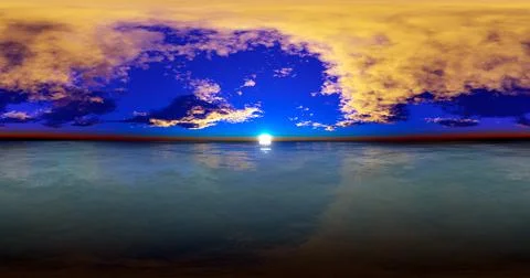 3D rendering. Blue sky with clouds at sunset or sunrise. Environment 360 HDRI Illustrazione stock