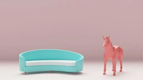 3D rendering of a blue sofa and pink horse standing on a pink background Stock Illustration