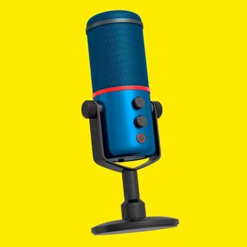3D rendering of blue studio condenser microphone isolated on yellow backgroun Stock Illustration