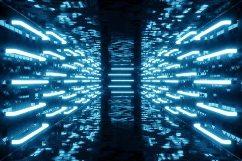 3D rendering blue-tint Illuminated corridor with blue neon light. Elegant Stock Illustration
