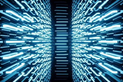 3D rendering blue-tint Illuminated corridor with blue neon light. Elegant Stock Illustration