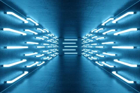 3D rendering blue-tint Illuminated corridor with blue neon light. Elegant Stock Illustration