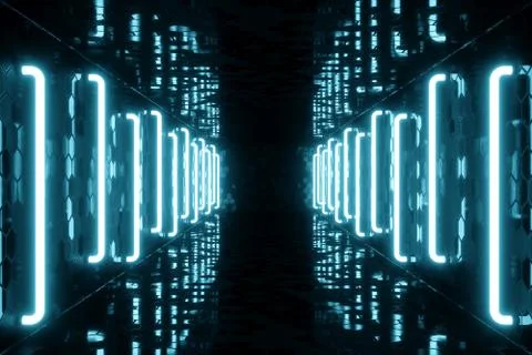 3D rendering blue-tint Illuminated corridor with blue neon light. Elegant Stock Illustration