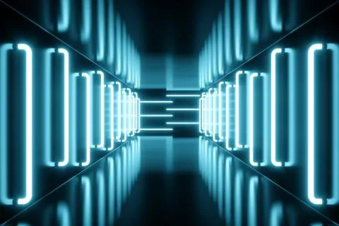 3D rendering blue-tint Illuminated corridor with blue neon light. Elegant Illustrazione stock