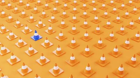 3D Rendering Blue Traffic Cone In a lot of Orange Traffic Cone Pattern 3D Ill Stock Illustration