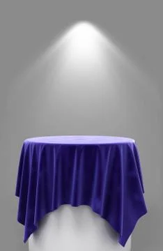 3d rendering of blue velor cloth on a round pedestal on a gray background wit Stock Illustration
