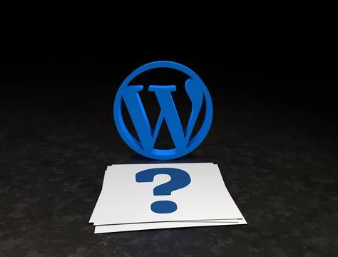 3d rendering of the blue WordPress Logo and a question mark sign on the white pa Stockillustratie