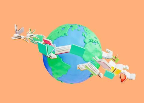 3D rendering of books floating around globe Stock Illustration