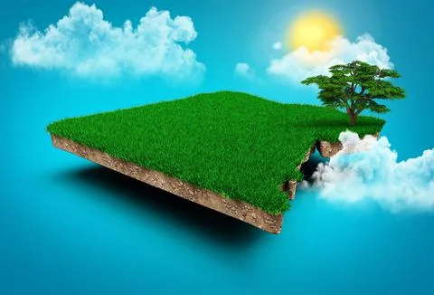 3D rendering of the border of Egypt made of a green grass patch with clouds and Ilustración de archivo