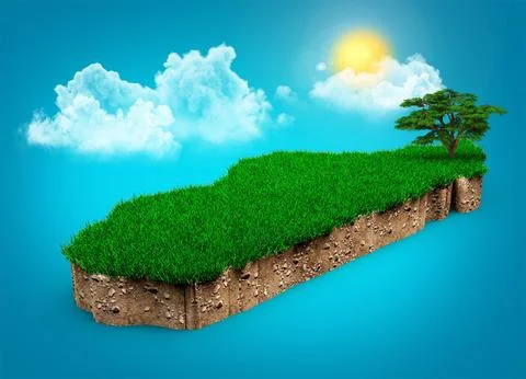 3D rendering of the border of Madagascar made of green grass patch with clouds Ilustración de archivo