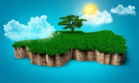 3D rendering of the border of Rwanda made of a green grass patch with clouds and Illustrazione stock