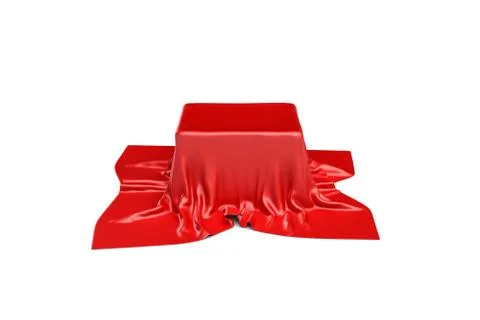 3d rendering of a box covered by red cloth in front view. Ads and promotion Ilustración de archivo