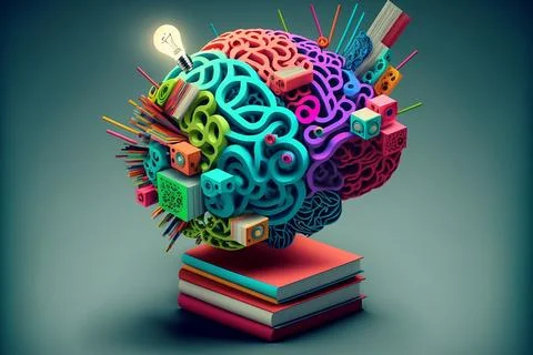 3D rendering of a brain with colorful threads and stationery objects on red book 스톡 일러스트